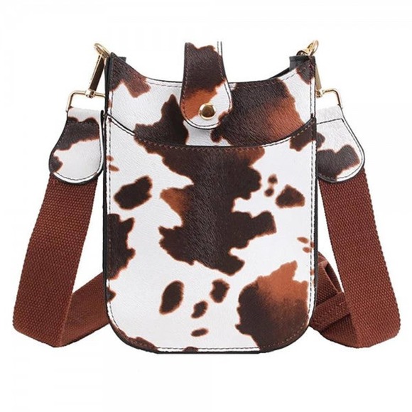 Brown White Cow Print Vegan Leather Cross Body Bag Snap Latch Closure - Picture 1 of 2